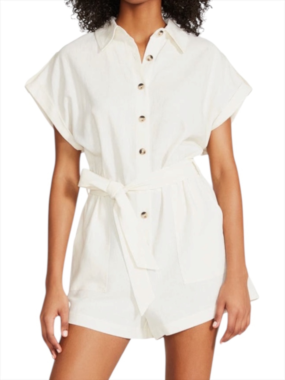 Steve Madden Short Sleeve Linen Blend Romper - Off White/Cream Size S